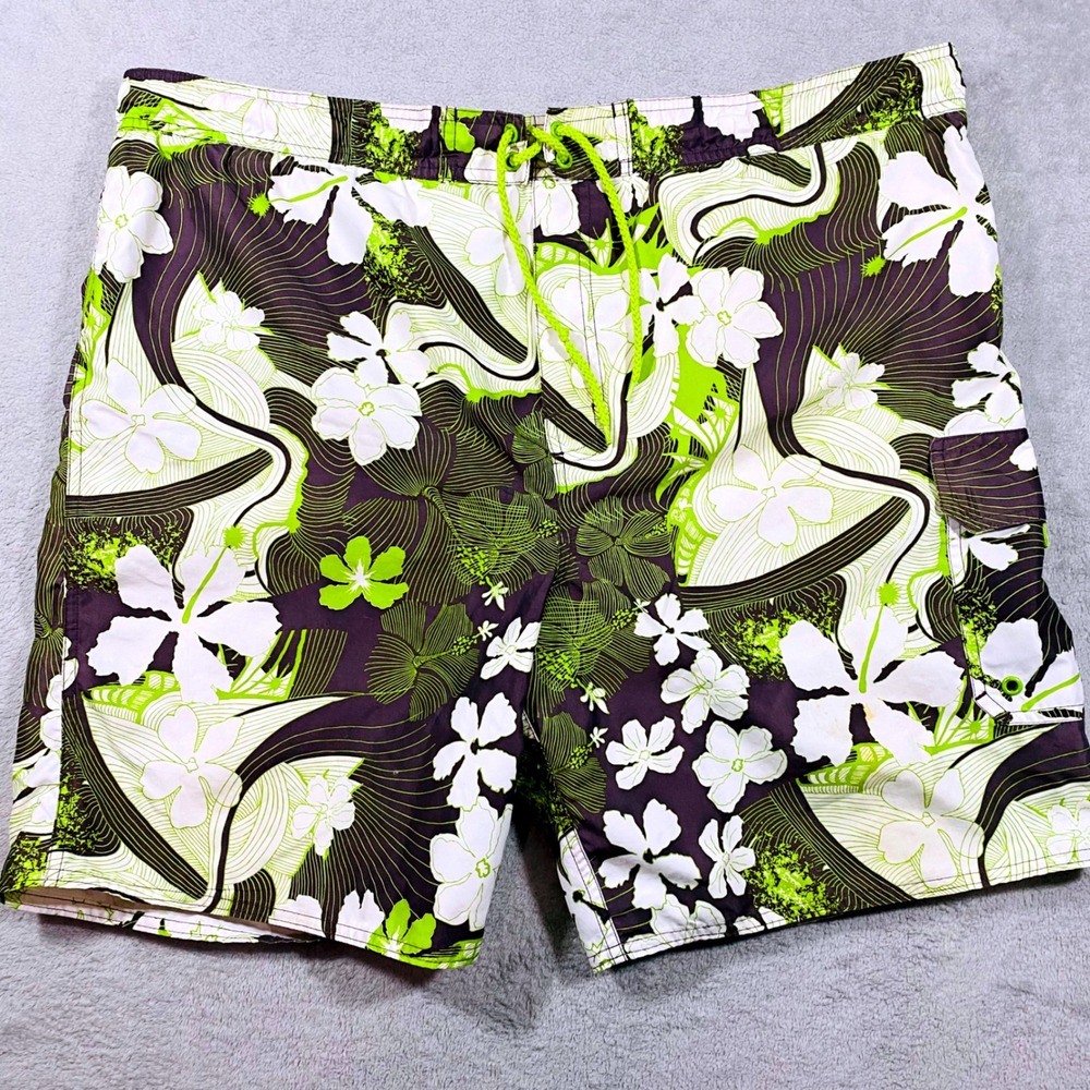 Islander Board Shorts Mens Medium Green White Floral‎ Hibiscus Swim Trunks Cargo